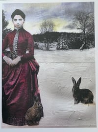 Image 2 of Quality art print Winter scene vintage woman with rabbits