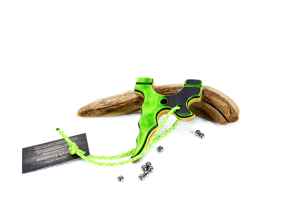 Image of Wooden Slingshot made for tie on band, Spectraply Wood Green Hornet, Right or Left Hand Hold