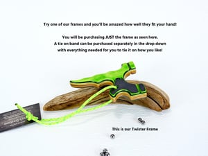 Image of Wooden Slingshot made for tie on band, Spectraply Wood Green Hornet, Right or Left Hand Hold