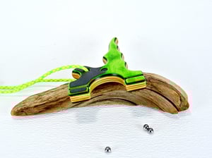 Image of Wooden Slingshot made for tie on band, Spectraply Wood Green Hornet, Right or Left Hand Hold