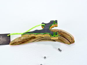 Image of Wooden Slingshot made for tie on band, Spectraply Wood Green Hornet, Right or Left Hand Hold