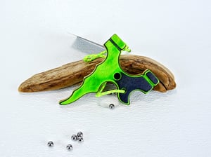 Image of Wooden Slingshot made for tie on band, Spectraply Wood Green Hornet, Right or Left Hand Hold
