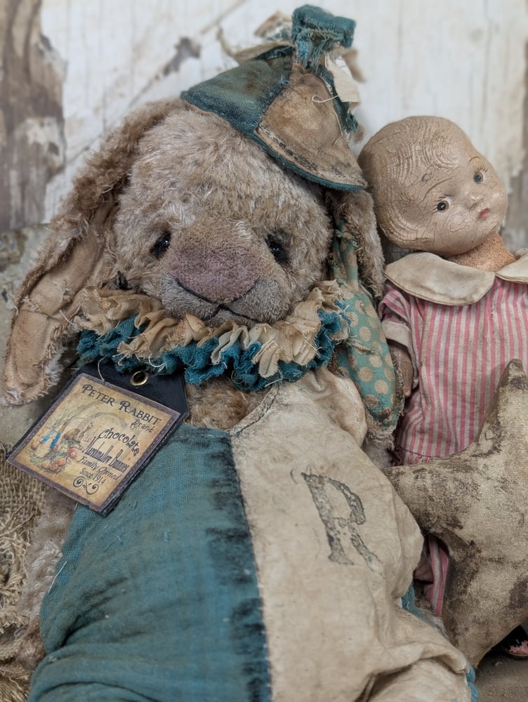 Image of  18"(to tip of ears) 14" lop eared -  JUMBO Vintage Shabby Cream Mohair Rabbit by Whendi's Bears 