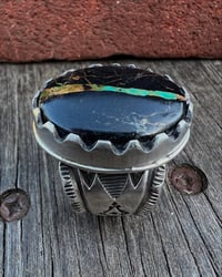 Image 2 of WL&A Handmade Heavy Ingot Black Jack Ribbon Turquoise Ring - Size 13 