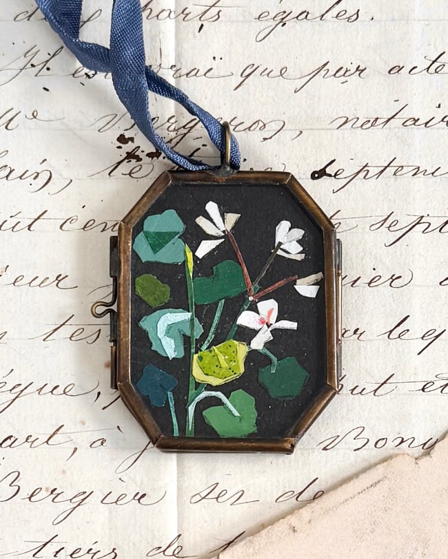 White geranium ~ original collage in locket 