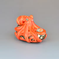 Image 3 of LG. Bright Streaky Coral Octopus - Flameworked Glass Sculpture Bead