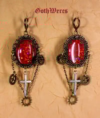 Image 1 of 'Ruby Slippers'  Victorian Gothic Steampunk Earrings with Cross and Gears.
