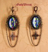 Image 1 of Victorian Gothic Steampunk Earrings with Holographic Glowing Stained Glass 'Windows'.