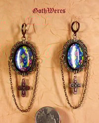 Image 2 of Victorian Gothic Steampunk Earrings with Holographic Glowing Stained Glass 'Windows'.