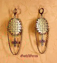 Image 3 of Victorian Gothic Steampunk Earrings with Holographic Glowing Stained Glass 'Windows'.