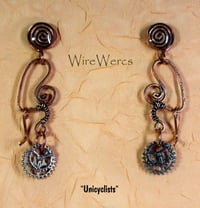 Image 1 of "Unicyclists" Copper with Gears Earrings with Steampunk Style.