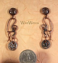 Image 2 of "Unicyclists" Copper with Gears Earrings with Steampunk Style.
