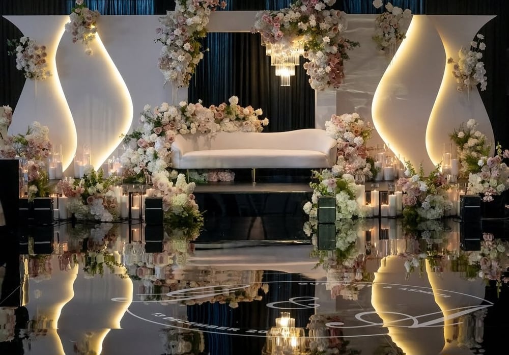 Image of Staging design  with Artificial flowers backdrop design 