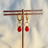 gold ruby teardrop huggie hoop earrings