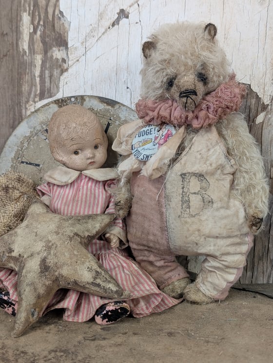 Image of 9"  OHFUDGE - Vintage Shabby MohairTeddy Bear in romper outfit -by Whendi's Bears