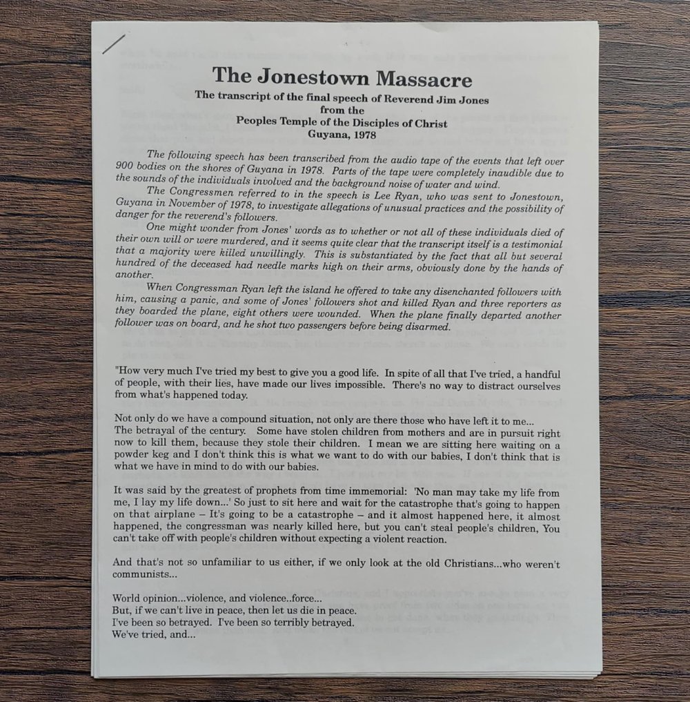 The Jonestown Massacre - Transcript of the Final Speech of Rev. Jim Jones