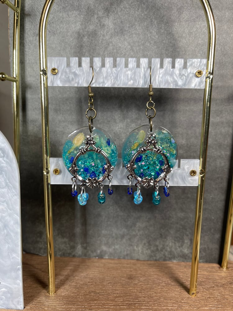 Image of "Nereid" Jasmine Flower, Aquamarine & Lapis Lazuli Acrylic Earrings