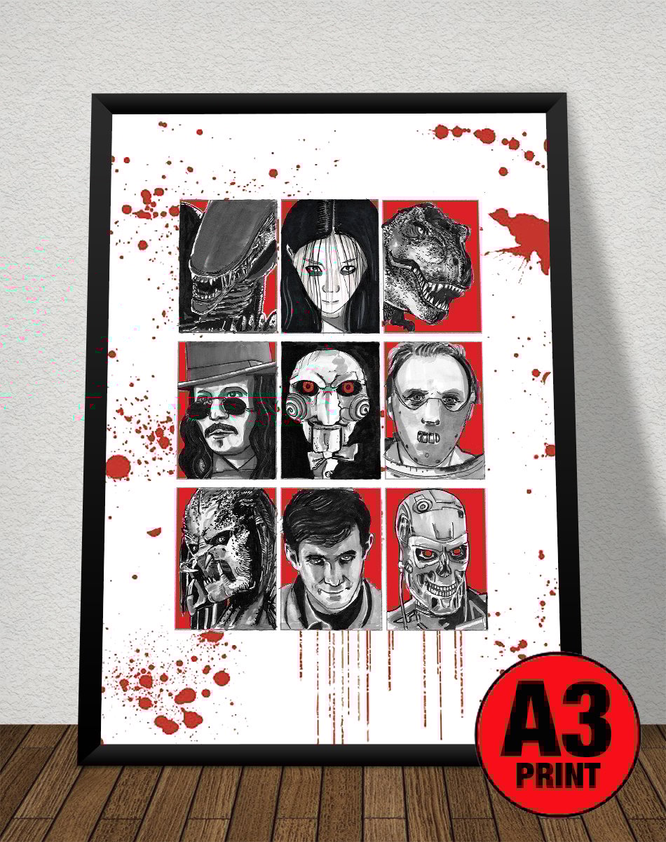 Horror Movie Icons Too A3 (16" x 12") Signed Print Comic Style Illustration