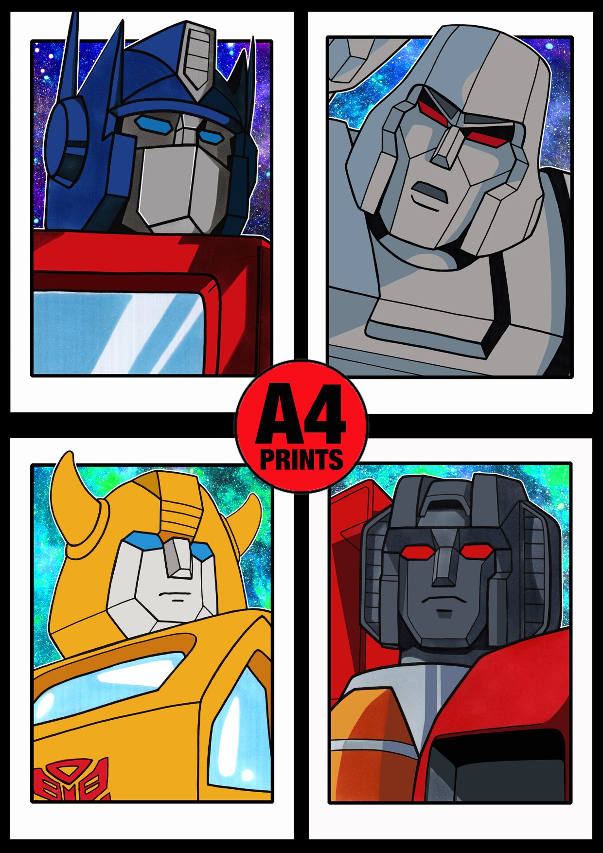 Transformers 'Generation One' A4 (12" x 8") Signed Print Set Comic Style Illustration