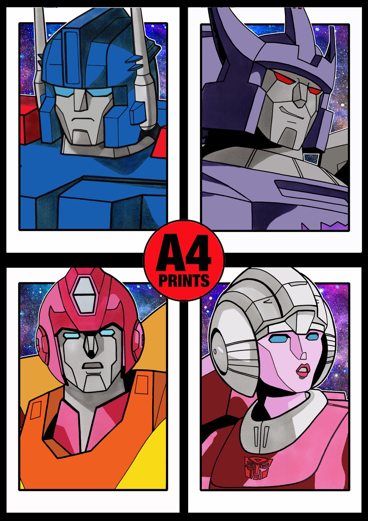 Transformers 'The Movie' A4 (12" x 8") Signed Print Set Comic Style Illustration