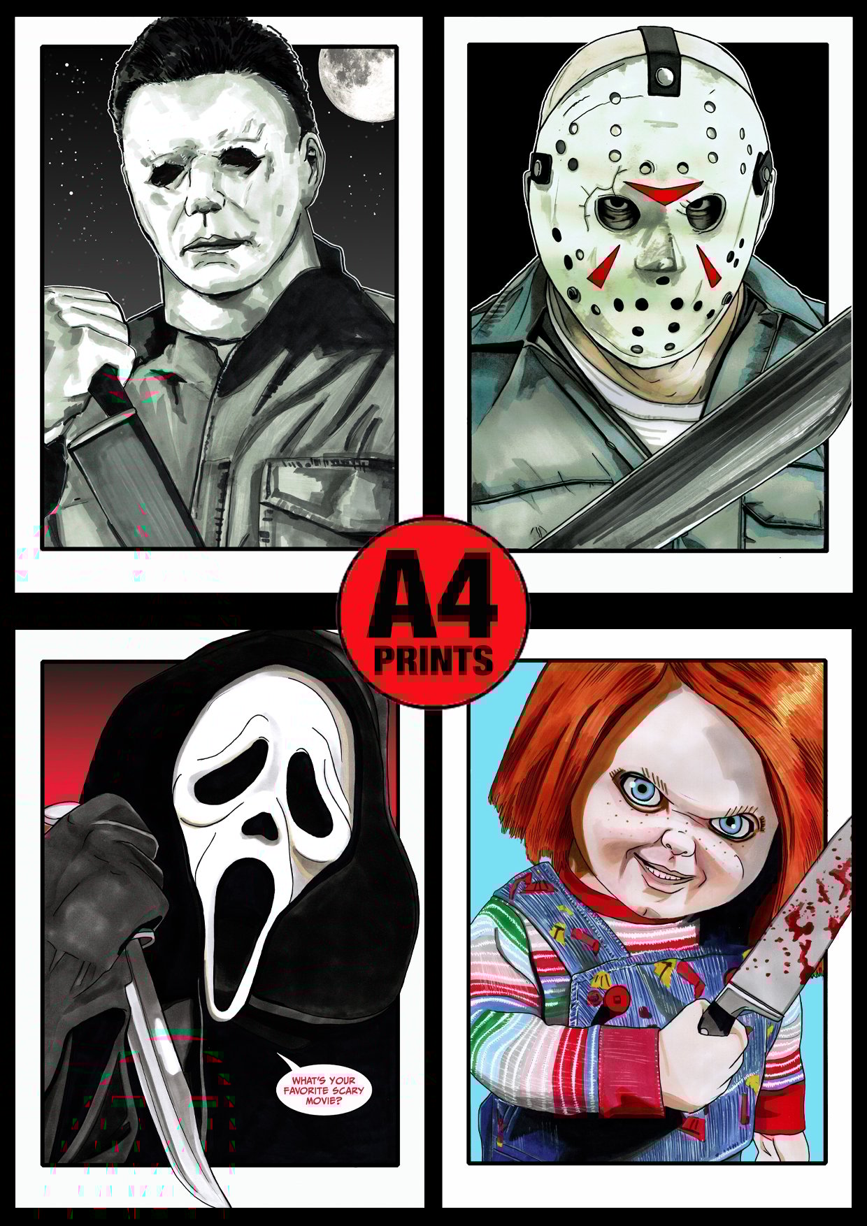 Horror Icons Team-Up A4 (12" x 8") Signed Print Set Comic Style Illustration