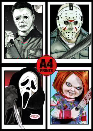 Horror Icons Team-Up A4 (12" x 8") Signed Print Set Comic Style Illustration