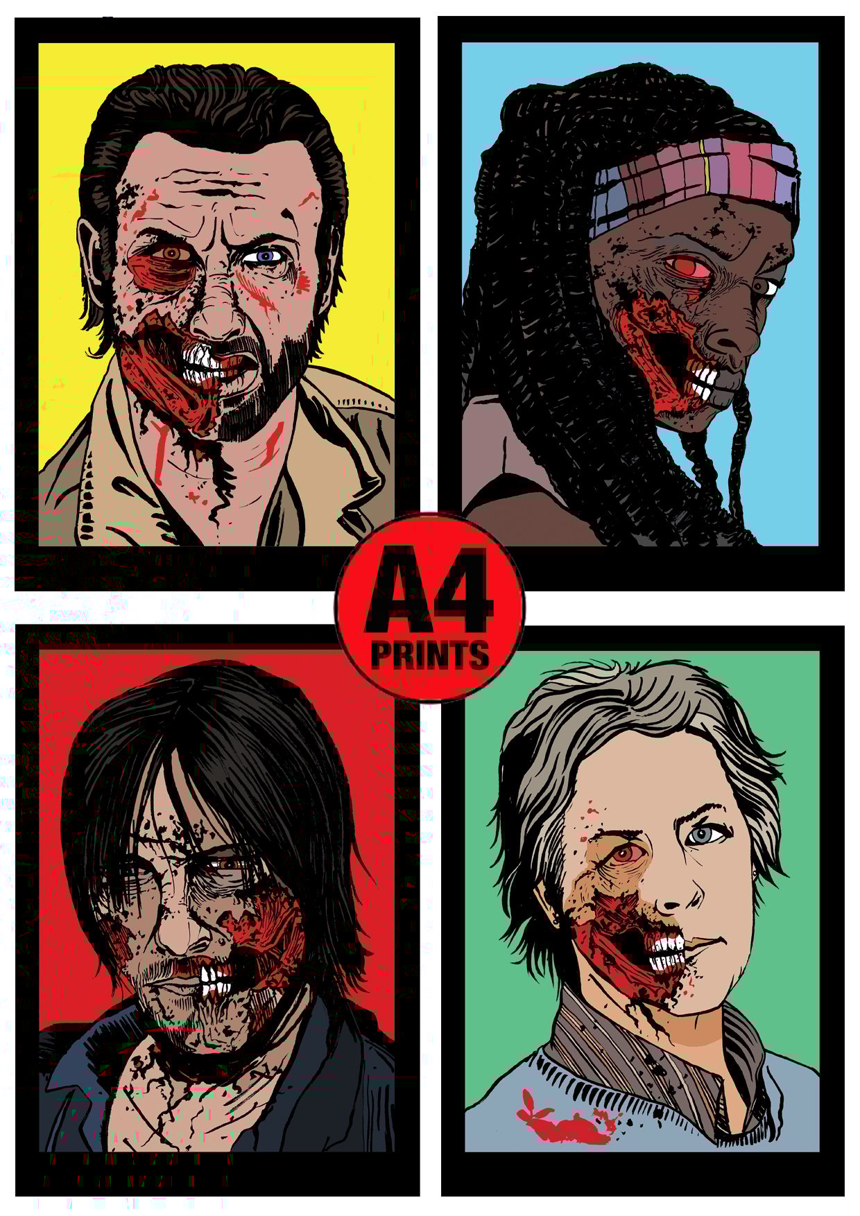 The Walking Dead Zombies! A4 (12" x 8") Signed Print Set Comic Style Illustration