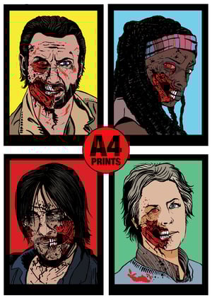 The Walking Dead Zombies! A4 (12" x 8") Signed Print Set Comic Style Illustration