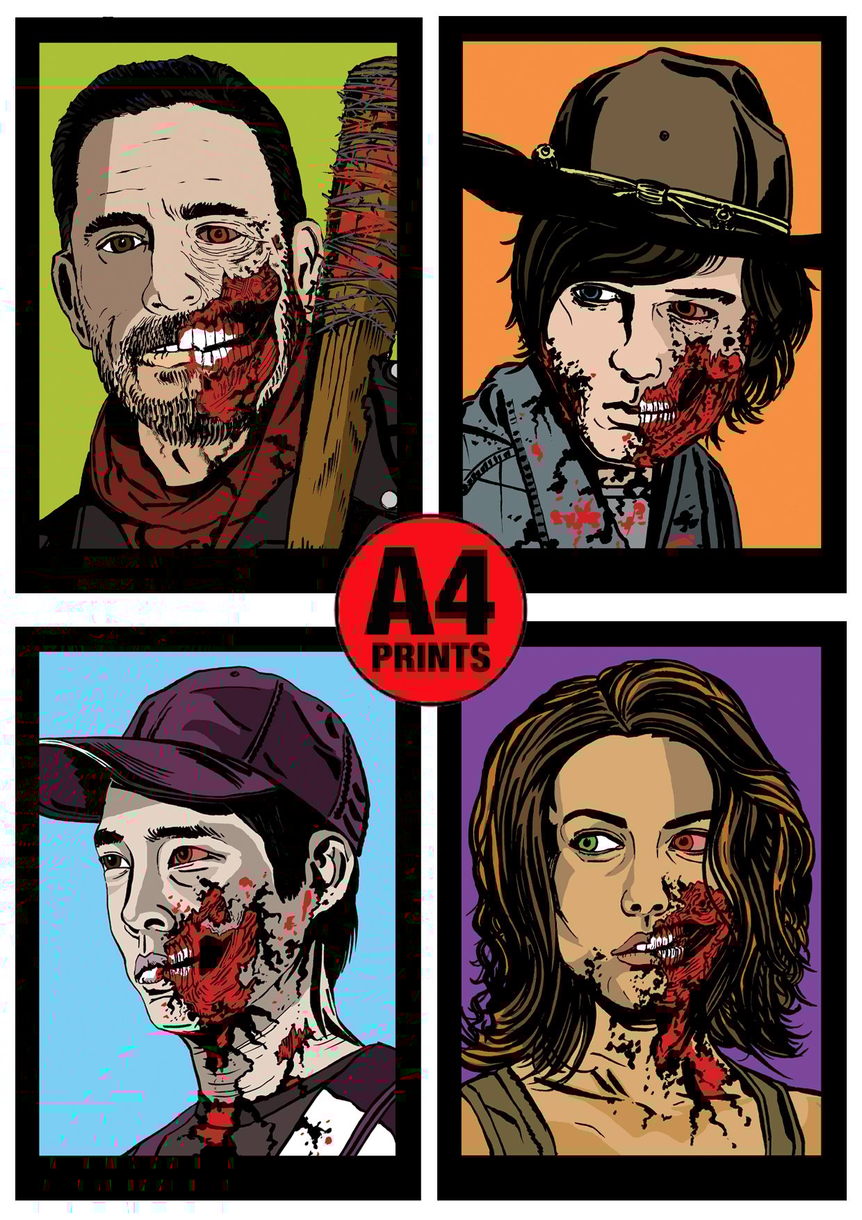 The Walking Dead More Zombies! A4 (12" x 8") Signed Print Set Comic Style Illustration