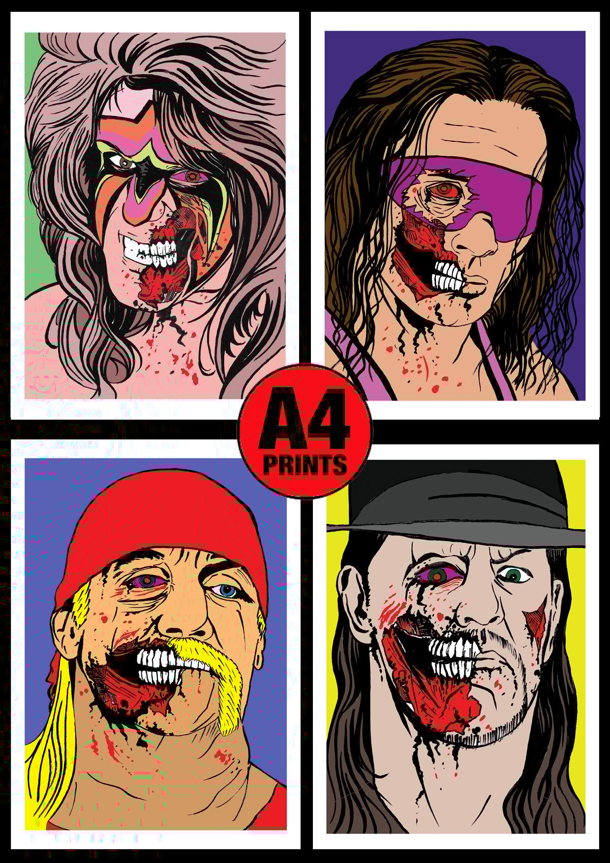 Wrestling Zombies! A4 (12" x 8") Signed Print Set Comic Style Illustration