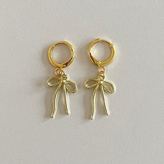 two tone gold droopy bows huggie hoop earrings