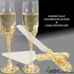 Image of Golden Leaf Champagne and Cake Cutting Set