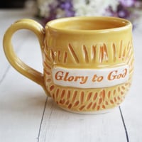 Image 5 of "Glory to God" Hand Carved Mug in Yellow and Orange Glazes, Handmade Coffee Cup, Made in USA