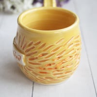 Image 4 of "Glory to God" Hand Carved Mug in Yellow and Orange Glazes, Handmade Coffee Cup, Made in USA