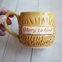 Image 6 of "Glory to God" Hand Carved Mug in Yellow and Orange Glazes, Handmade Coffee Cup, Made in USA