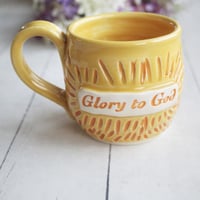 Image 8 of "Glory to God" Hand Carved Mug in Yellow and Orange Glazes, Handmade Coffee Cup, Made in USA