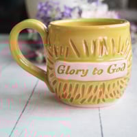 Image 1 of "Glory to God" Hand Carved Mug in Yellow and Orange Glazes, Handmade Coffee Cup, Made in USA