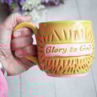 Image 3 of "Glory to God" Hand Carved Mug in Yellow and Orange Glazes, Handmade Coffee Cup, Made in USA