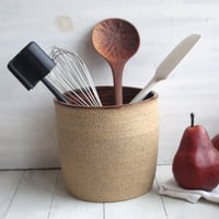 Image 1 of Large Rustic Utensil Holder with Raw Stone Texture, Handcrafted Kitchen Crock, Made in USA