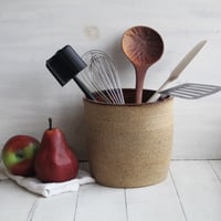 Image 2 of Large Rustic Utensil Holder with Raw Stone Texture, Handcrafted Kitchen Crock, Made in USA