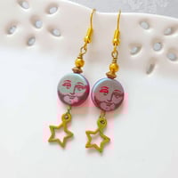 Image 1 of Moon and Stars Celestial Earrings, Red & Gold, Pierced or Clip On