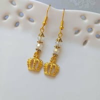 Image 1 of Vintage Crystal Golden Crown Earrings, Pierced or Clip On