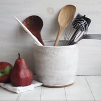 Image 1 of Large Utensil Holder in Matte White and Speckled Stoneware, Handmade Ceramic Kitchen Crock