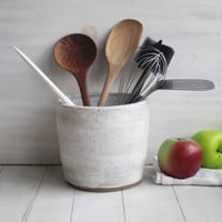 Image 2 of Large Utensil Holder in Matte White and Speckled Stoneware, Handmade Ceramic Kitchen Crock