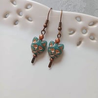 Image 1 of Quirky Cat Face Earrings, Teal & Antique Copper, Pierced or Clip On 