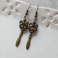 Image 1 of Victorian Black Cat Earrings, Black & Antique Bronze Pierced or Clip On