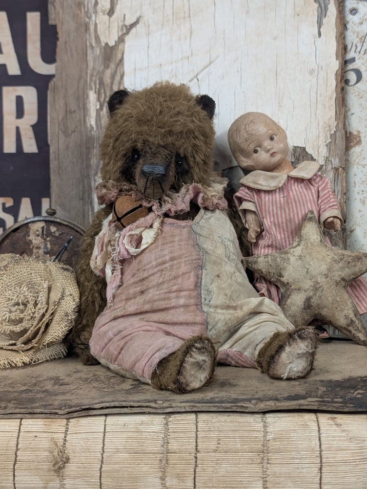 Image of JUMBO 14" -  Vintage- Shabby Chocolate Mohair Teddy Bear in romper - By Whendi's Bears