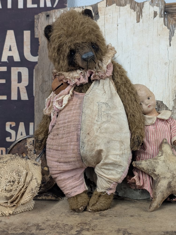 Image of JUMBO 14" -  Vintage- Shabby Chocolate Mohair Teddy Bear in romper - By Whendi's Bears