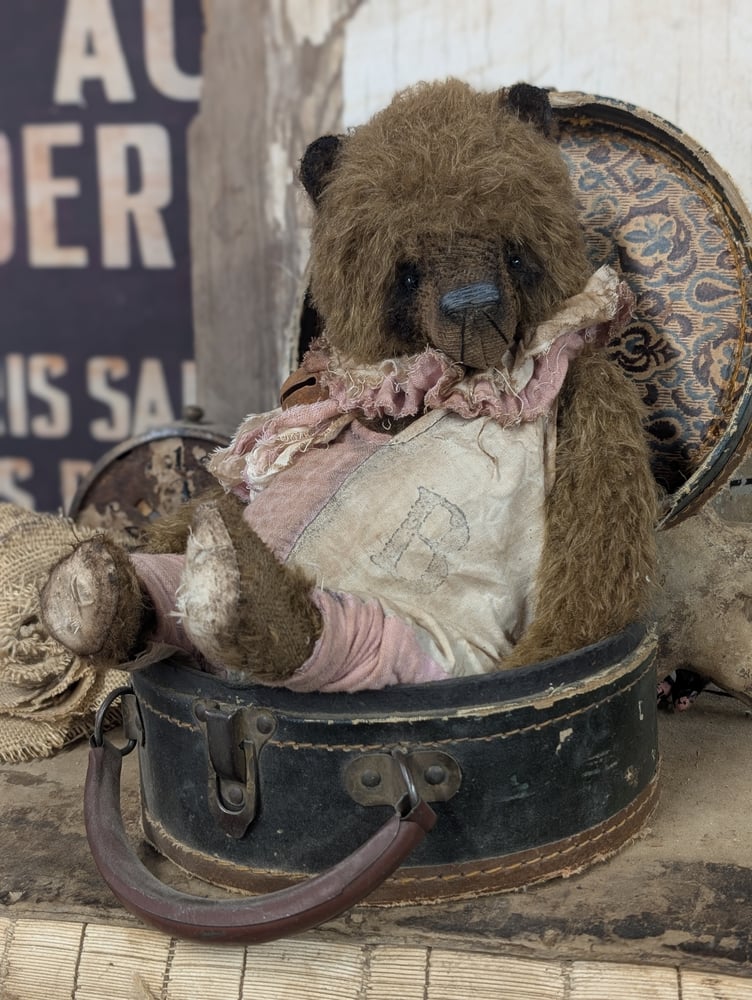 Image of JUMBO 14" -  Vintage- Shabby Chocolate Mohair Teddy Bear in romper - By Whendi's Bears