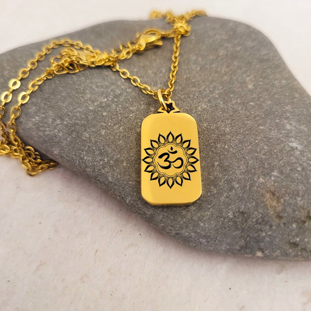 Image of Bullion Style OM Pendant Necklace with Star Top. (Gold Color)